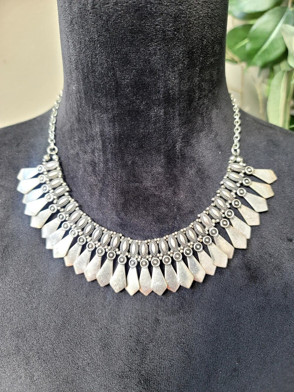 Silver Tone Tribal Bib Statement Necklace Geometric Dangle Collar Jewelry